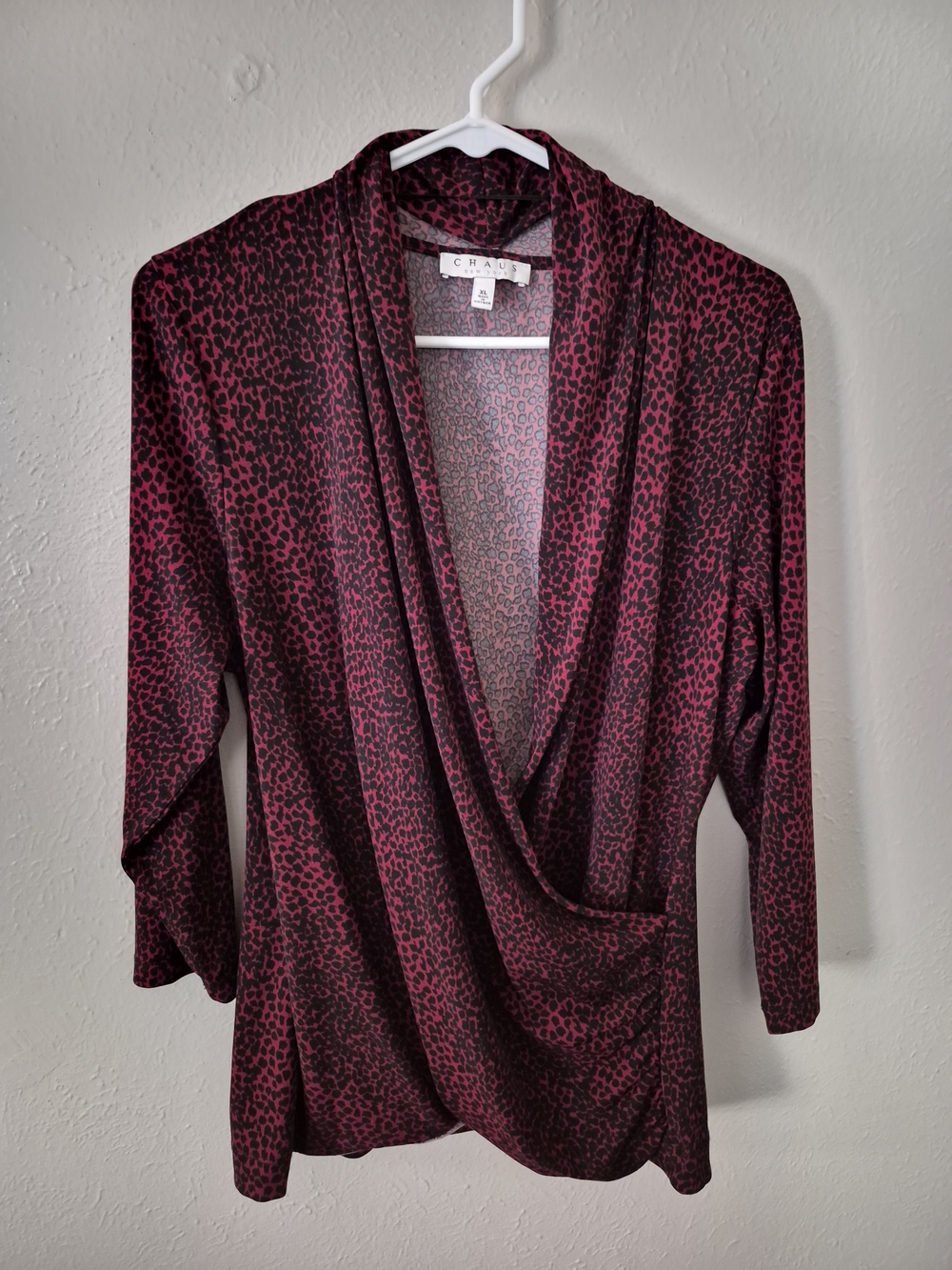 Chaus Draped Leopard Print Top in Berry